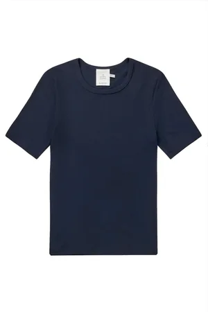 Munthe Tops, Dames, Blauw, M, Geribbelde Top met Korte Mouwen