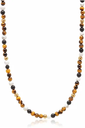 Nialaya Accessoires, Heren, Geel, L, Kralen Ketting met Bruin Tijgeroog, Howliet en Onyx