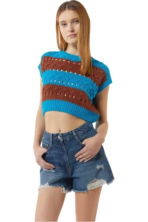 Silvian Heach Truien, Dames, Blauw, L, Katoen, Korte top in tweekleurig geperforeerd breisel