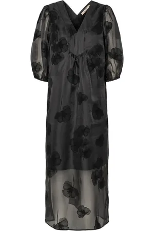 RUE de FEMME Kleedjes, Dames, Zwart, S, Bloemenprint lange jurk met pofmouwen