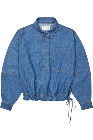 Munthe Blouses & Shirts, Dames, Blauw, M, Denim, Denim Blouse met Taille Strik