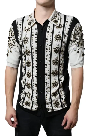 Dolce & Gabbana Overhemden, Heren, Wit, M, Zwart Wit Versierd Casual Overhemd met Knoopsluiting