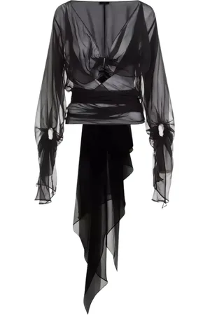 MUGLER Blouses & Shirts, Dames, Zwart, S, Zijden Blouse met Gedrapeerde V-Hals