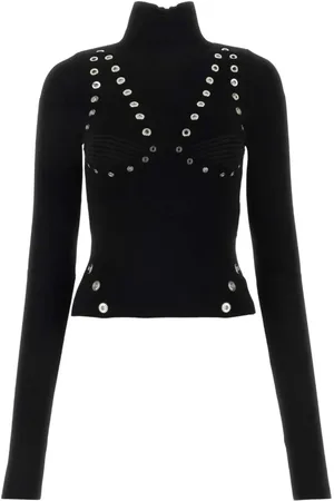 OFF-WHITE Truien, Dames, Zwart, S, Polyester, Geborduurde Jumper met Hoge Hals en Lange Mouwen