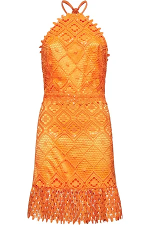 Silvian Heach Kleedjes, Dames, Oranje, XS, Polyester, Midi jurk in gehaakte kant met Amerikaanse halslijn