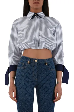 Elisabetta Franchi Blouses & Shirts, Dames, Veelkleurig, 2Xl, Katoen, Gestreepte popeline overhemd met knoop aan de achterkant