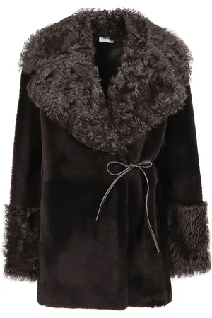 P.A.R.O.S.H. Jassen, Dames, Bruin, M, Leer, Witte Sheepskin Jas Double-Breasted met Lederen Details