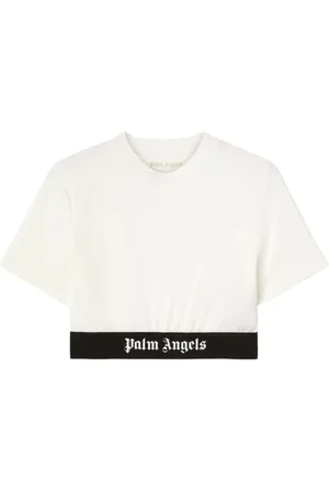 Palm Angels Tops, Dames, Wit, S, Katoen, T-shirt met Logo Onderband en Ronde Hals