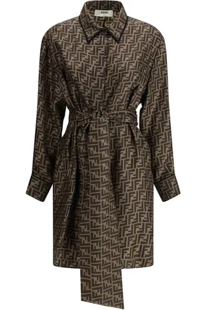 Fendi Kleedjes, Dames, Bruin, S, Elegante Midi Overhemdjurk met FF-patroon