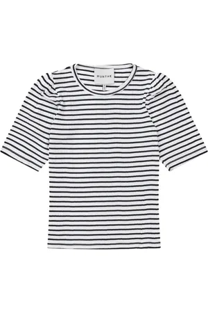 Munthe Tops, Dames, Zwart, 2Xl, Katoen, Gestreept T-shirt met Pofmouw