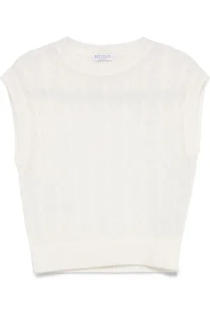 Brunello Cucinelli Truien, Dames, Wit, L, Witte Geribbelde Trui Ongevoerd