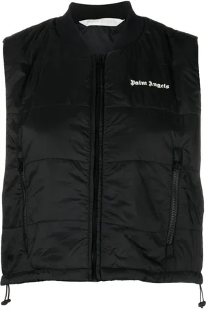 Palm Angels Jassen, Dames, Zwart, S, Nylon, Gewatteerd geborduurd vest met ritssluiting