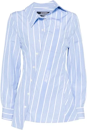 Jacquemus Blouses & Shirts, Dames, Blauw, S, Katoen, Blauw/Wit Katoenen Overhemd met Asymmetrisch Ontwerp