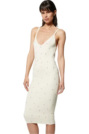 Silvian Heach Kleedjes, Dames, Wit, XS, Nylon, Midi geribbelde gebreide jurk met strass