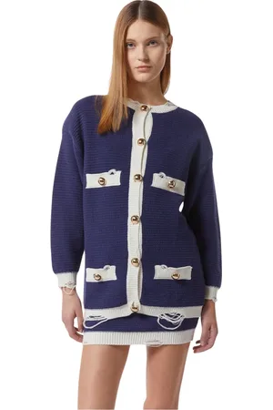 Silvian Heach Truien, Dames, Blauw, L, Katoen, Vest in breiwerk met contrastdetails