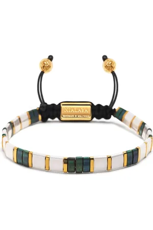 Nialaya Accessoires, Dames, Geel, S, Nylon, Armband met witte, patinagroene en gouden Miyuki Tila kralen