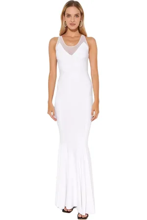 Norma Kamali Kleedjes, Dames, Wit, S, Polyester, Maxi-jurk met mesh inzet en V-hals