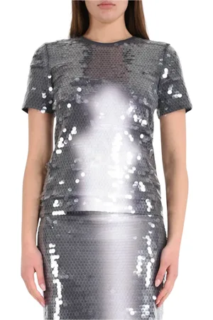Sportmax Tops, Dames, Grijs, L, Pailletten, Paillet T-shirt in Bedrukt Jersey