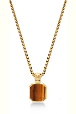 Nialaya Accessoires, Heren, Geel, M, Gouden Ketting met Vierkante Bruine Tijgeroog Hanger