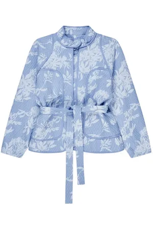 Munthe Jassen, Dames, Blauw, L, Katoen, Gewatteerd bloemenjack met riem