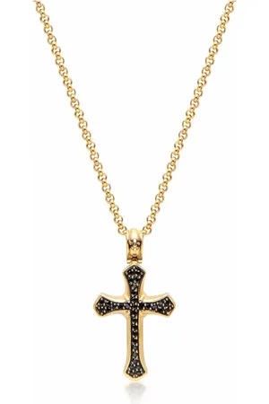 Nialaya Accessoires, Heren, Geel, L, Gouden Ketting met Zwarte CZ Kruis
