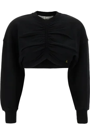 Palm Angels Sweatshirts & Hoodies, Dames, Zwart, M, Katoen, Sweatshirt met geplooide details en Palm Plaque