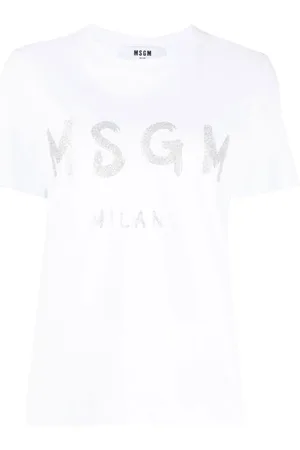 Msgm Tops, Dames, Wit, L, Katoen, Jersey T-shirt met glitter brushstroke logo