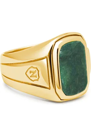 Nialaya Accessoires, Heren, Geel, 58 MM, Verguld Groene Jade Signet Ring