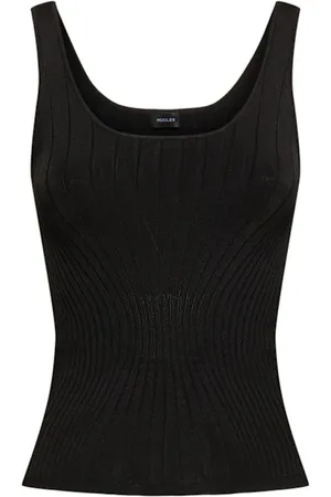 MUGLER Tops, Dames, Zwart, S, Nylon, Zwarte Geribbelde Top zonder Mouwen met Vierkante Hals