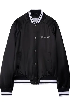 OFF-WHITE Jassen, Heren, Zwart, M, Satijn, Zwart satijnen bomberjack met geborduurd logo