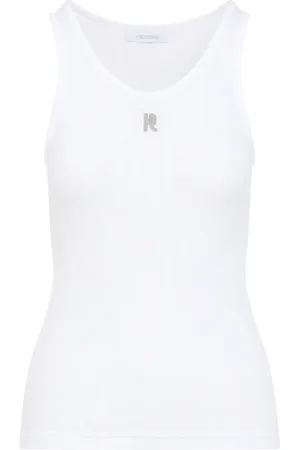 Paco rabanne Tops, Dames, Wit, XS, Katoen, Logo-Plaque Sleeveless Tank Top