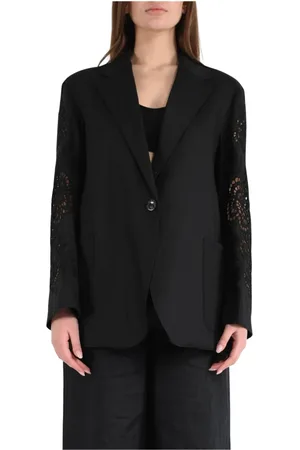 Max Mara Jassen, Dames, Zwart, L, Linnen, Linnen jasje met bloemenborduursel