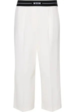 Msgm Broeken, Dames, Wit, M, Wol, Logo Tailleband Cropped Broek