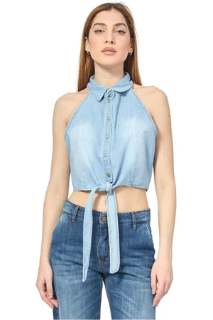Gaudi Tops, Dames, Blauw, M, Katoen, Blauwe Chambray Blouse met Voorknoop