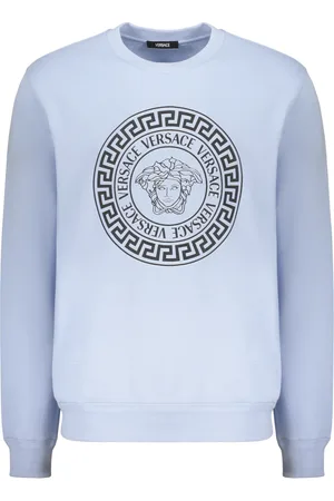 VERSACE Sweatshirts & Hoodies, Heren, Blauw, S, Katoen, Geribbelde katoenen sweatshirt met voorlogo