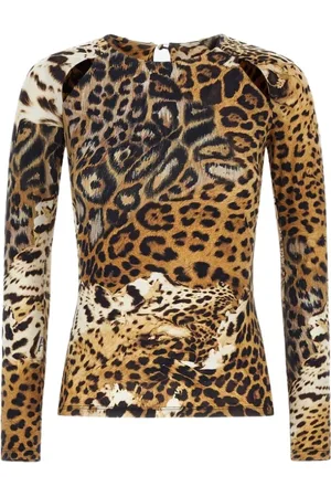 Roberto Cavalli Tops, Dames, Veelkleurig, L, Lange mouwen T-shirt met Jaguar Skin print