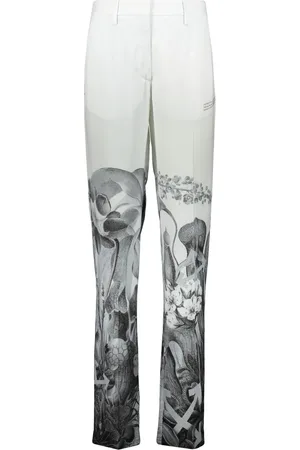 OFF-WHITE Broeken, Dames, Wit, 2Xs, Polyester, Bloemenprint Broek met Logo Print