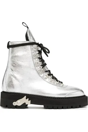 OFF-WHITE Schoenen, Dames, Grijs, 39 EU, Leer, Metallic Leren Enkellaarsjes