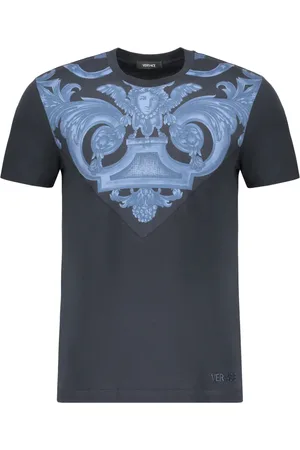 VERSACE Tops, Heren, Blauw, 2Xl, Katoen, Geribbeld katoenen T-shirt met voorprint