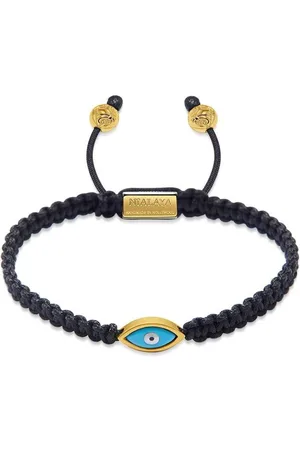 Nialaya Accessoires, Heren, Geel, L, Nylon, Zwarte String Armband met Gouden Boze Oog