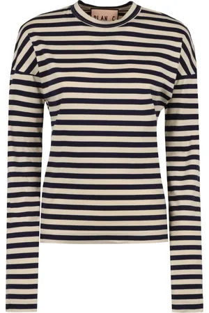 Plan C Tops, Dames, Blauw, M, Katoen, Gestreept Langemouw Katoenen T-shirt