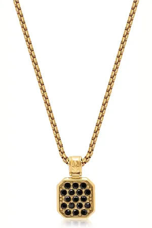 Nialaya Accessoires, Heren, Geel, L, Gouden Ketting met Zwarte CZ Vierkante Hanger
