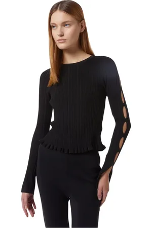 Silvian Heach Truien, Dames, Zwart, L, Nylon, Geribbelde top met cut-out mouwen
