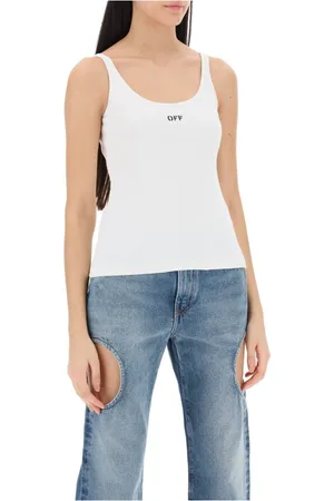 OFF-WHITE Tops, Dames, Wit, S, Katoen, Geribbelde Katoenen Tanktop met Borduursel