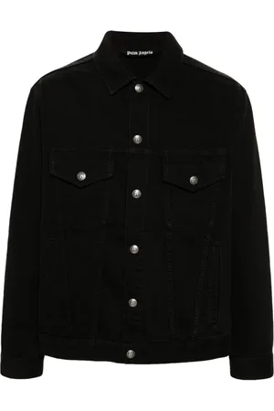 Palm Angels Jassen, Heren, Zwart, M, Denim, Zwart Denim Jack met Logo in Reliëf