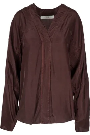TELA Blouses & Shirts, Dames, Bruin, S, Zijden V-hals Blouse