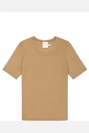 Munthe Tops, Dames, Bruin, L, Geribbelde Blouse met Korte Mouwen