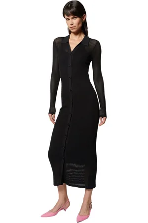Silvian Heach Truien, Dames, Zwart, XL, Nylon, Lange geribbelde gebreide jurk met knopen
