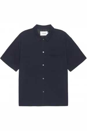 Frame Overhemden, Heren, Blauw, 2Xl, Wol, Navy Wol Terry Korte Mouw Overhemd