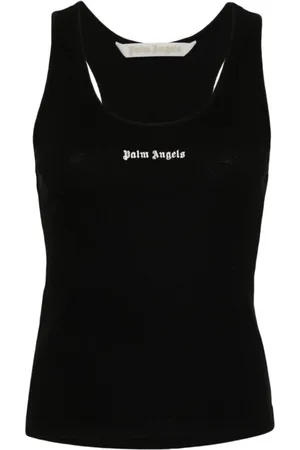 Palm Angels Tops, Dames, Zwart, M, Katoen, Logo Geborduurd Mouwloos T-shirt